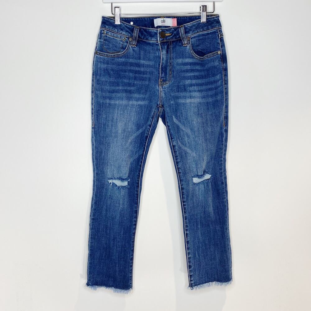 CAbi 5495 Womens Size 4 Cropped High Straight Jeans Distressed Raw Hem Stretch